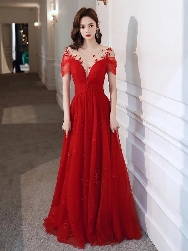 Red Tulle Sweetheart Elegant Long Formal Dress, Red Party Dress Wedding Party Dress Prom Dress     cg20575 Tunics Brand named