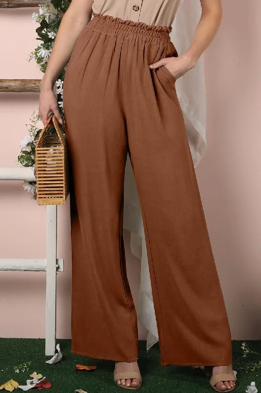 EASY PULL ON COTTON LINEN PANTS WITH SIDE POCKET Fashionable Button-Up Pants