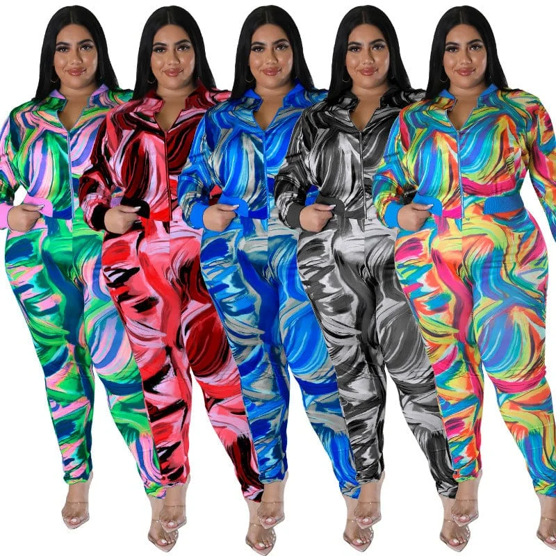C1103ME45 Plus Size Casual Tie Dye Zipper Slim Sport 2 Piece Pants Set Women Sehe Fashion Stylish Paperbag Waist Pants