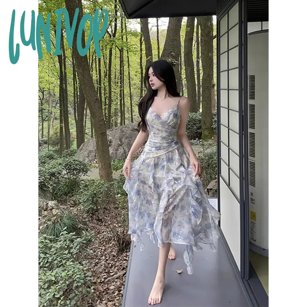 Lunivop Sweet Elegant Floral Strap Dress Women Summer Ruffles Designer Korean Party Dress Female Vintage Sleeveless Dresses empire Waist empire