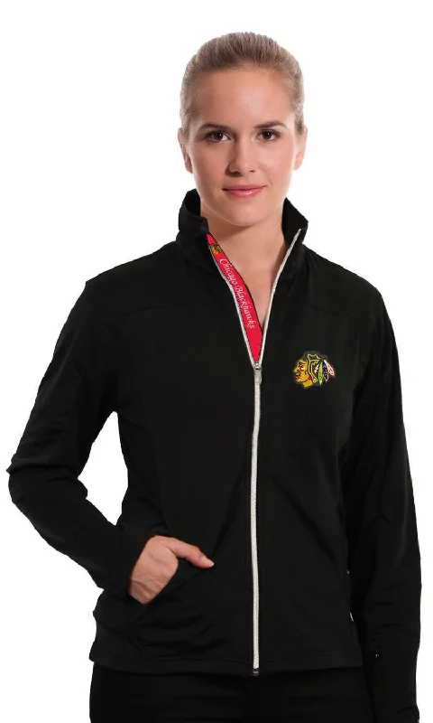 Women's Chicago Blackhawks Levelwear Aurora Script Full Zip Jacket-Black Denim Fabric Leather Fabric Suede Fabric