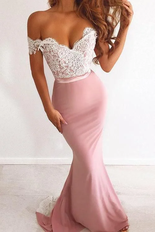 Unique Pink Off the Shoulder Mermaid Lace Long Prom Dresses Cheap Party Dresses    cg24795 Tunics Ceremony elegant