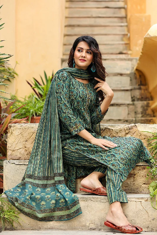Women's Cotton Blend Printed Kurta Pant Dupatta Set - Ahika Casual Drawstring Pants