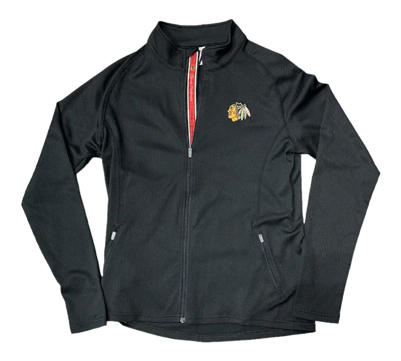 Women's Chicago Blackhawks Full Zip Black Progression Team Script Crew Jacket Welt Pockets Slit Pockets Flap Pockets