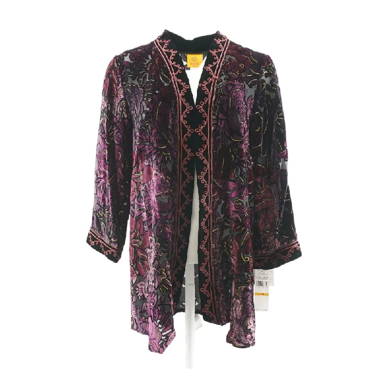 Purple Floral Cardigan Sweater Ribbed Striped Patterned