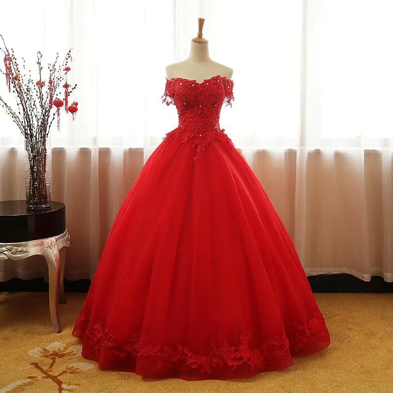 Red Off Shoulder Long Party Dress, A-Line Tulle Evening Dress Formal Gown prom dress evening dress    cg21035 Tunics Polka dots