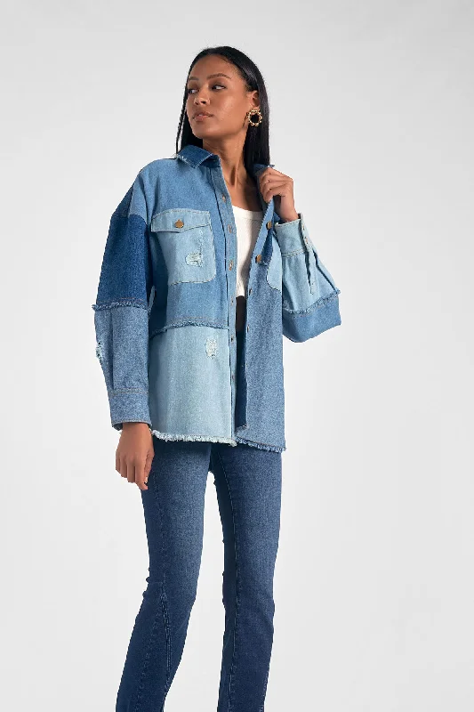 Women's Elan Patchwork Denim Jacket Nylon Jacket Polyester Jacket Spandex Jacket