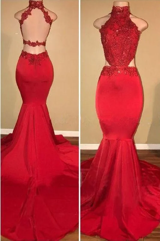 Red Lace Mermaid Halter Long Prom Dress, Formal Dress, Party Dress   cg14885 Tunics Chic elegant