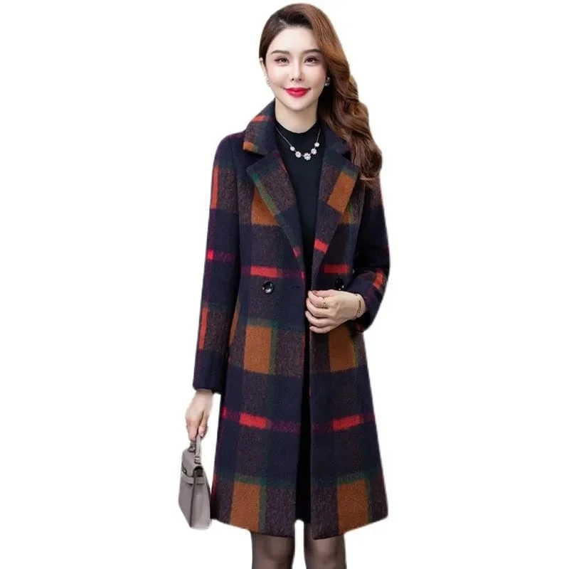 ERNESTINA Design Women's Fine Fashion Elegant Golden Yellow Brown Plaid Luxury Style Wool Coat Jacket Toggled Jacket Drawstring Jacket Belted Jacket