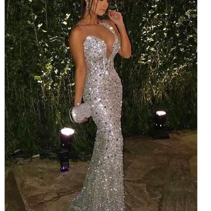 crystal prom dresses 2020 sheer crew neckline mermaid sparkly formal dresses arabic party dresses   cg13460 Cowl Neckline Elegant