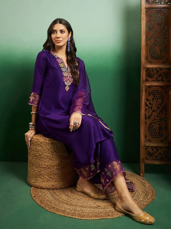 Women's Purple Embroidery Work Kurta With Pant And Duppata Set - Dwija Fashion High-Waist Trousers