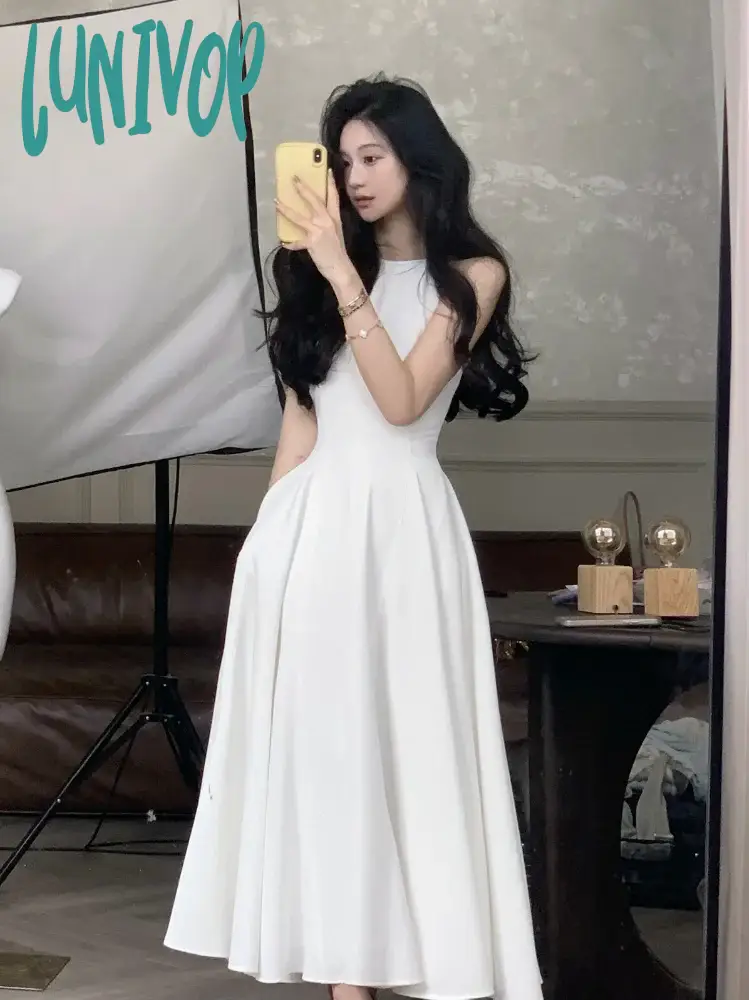 Lunivop Summer Fashion Elegant Casual Midi Party Dress Sleeveless A-Line Solid Chic Birthday Prom Vestidos Female Clothes Robe Mujers Tunics Versatile functional