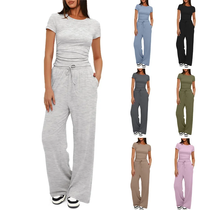 2pcs Solid Color Casual Sports Suit Short-sleeved Top And High-waisted Drawstring Wide-leg Pants Summer Fashion Set For Womens Clothing Comfy Zip-Up Pants