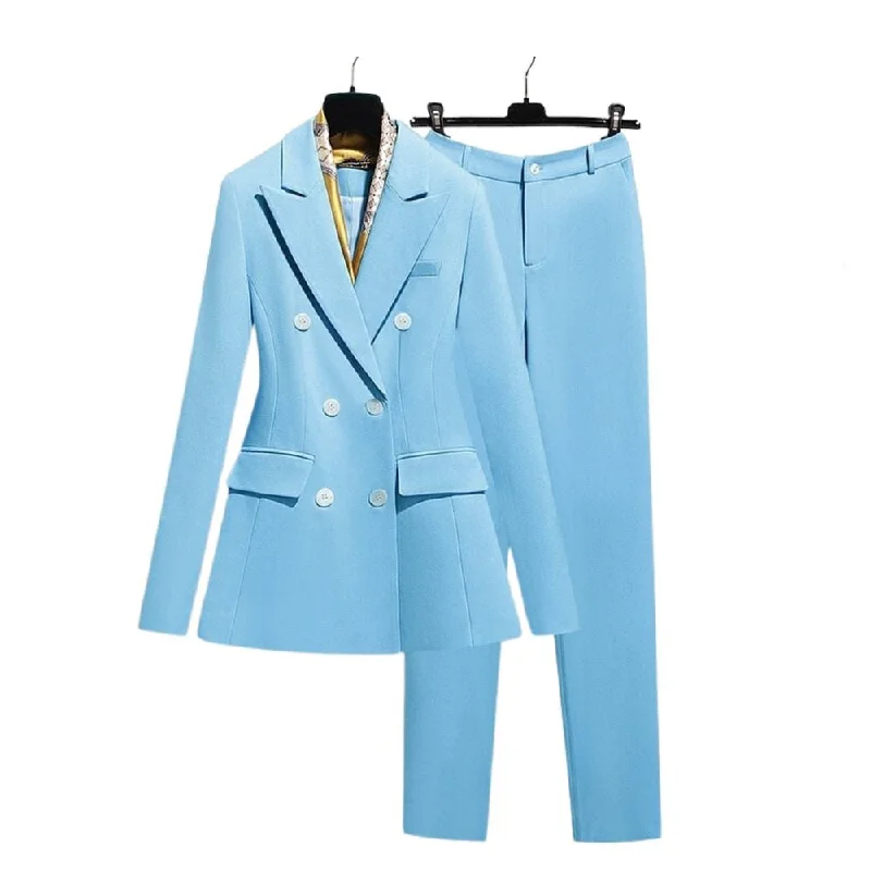 WELLINGTON SUITS Women's Elegant Stylish Office Fashion Light Blue Sky Blue Blazer Jacket & Pants Suit Set Insulated Jacket Fitted Jacket Loose Jacket