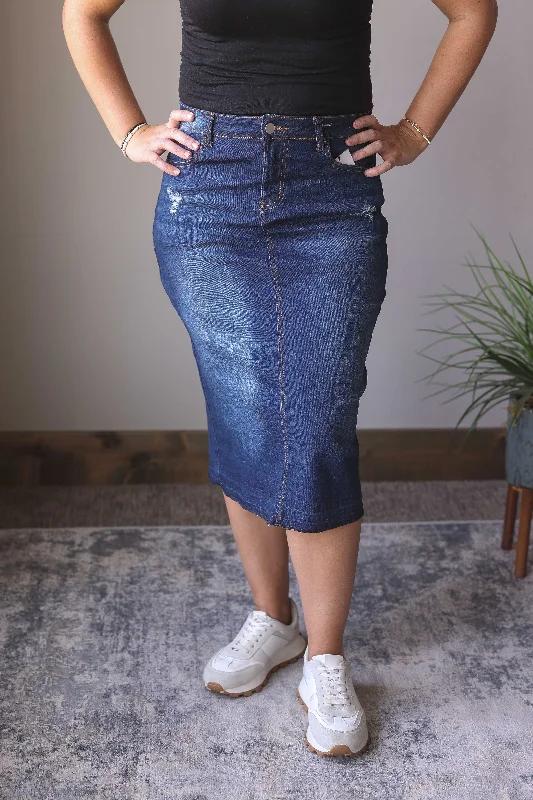 Emily Dark Wash Back Slit Denim Skirt lace skirt intricate