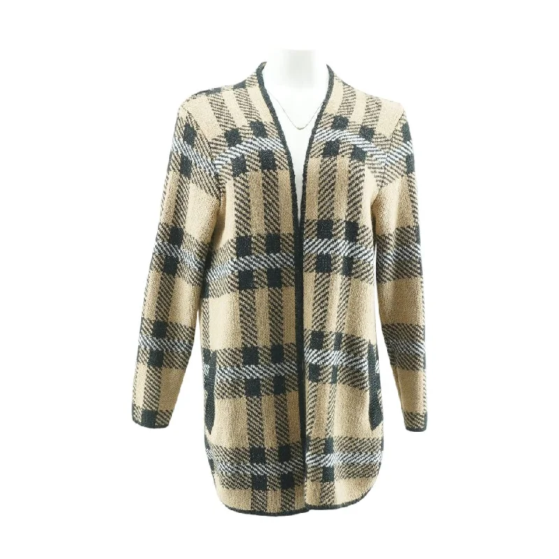 Brown Plaid Cardigan Sweater Embroidered Appliqued Beaded