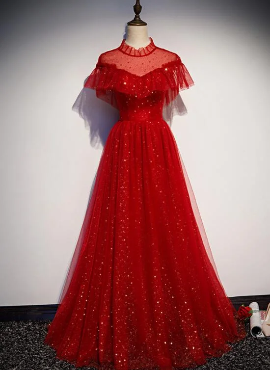 Red Sequins Tulle High Neckline Long Shiny Prom Dress, Red Long Evening Dress Party Dress    cg22117 Tunics Running lightweight