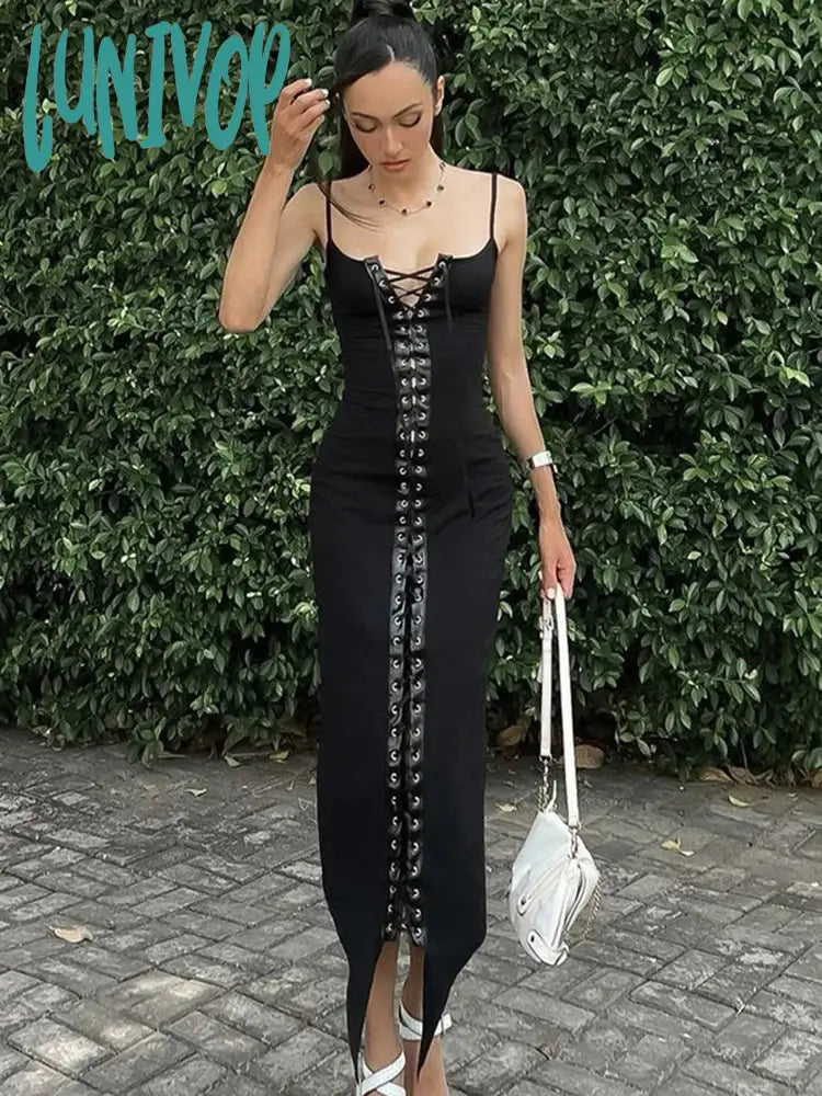Lunivop Elegant Sexy Stitching Lace Up Eyelet Suspender Maxi Dress Women's Slim Black Club Party Dress Sleeveless Female Outfit Tunics Handmade artisanal