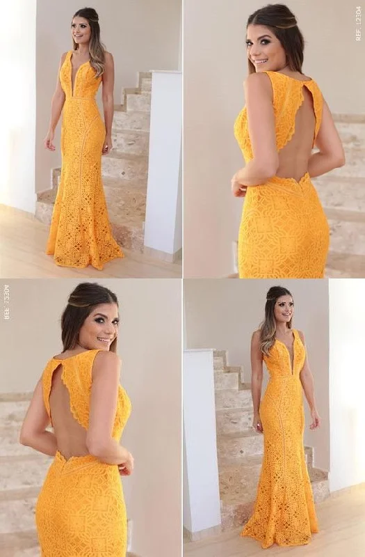 Yellow Lace Prom Dress, V-Neck Long Party Dress, Backless Mermaid Evening Dress    cg18467 Tunics Party sparkling