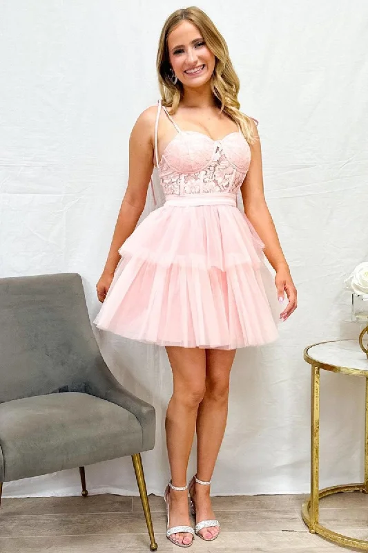 Misha | Pink Lace Sweetheart Multi-Layer Short Party Dress Tunics Fashionable trendy