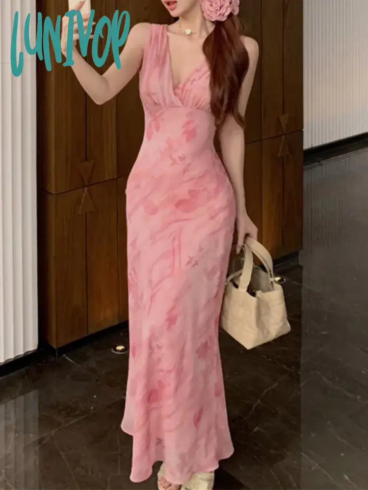 Lunivop Women Fashion Elegant Bodycon Midi Party Dress Sleeveless Casual Floral Print Slim Birthday Clothes Female One Pieces Vestidos Pleated Skirt Elegant