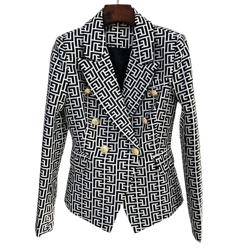 HIGHSTREET Women's Elegant Stylish Fashion Geometric Design Office Business Casual Professional Style Black Blazer Jacket Print Jacket Jacquard Jacket Patchwork Jacket