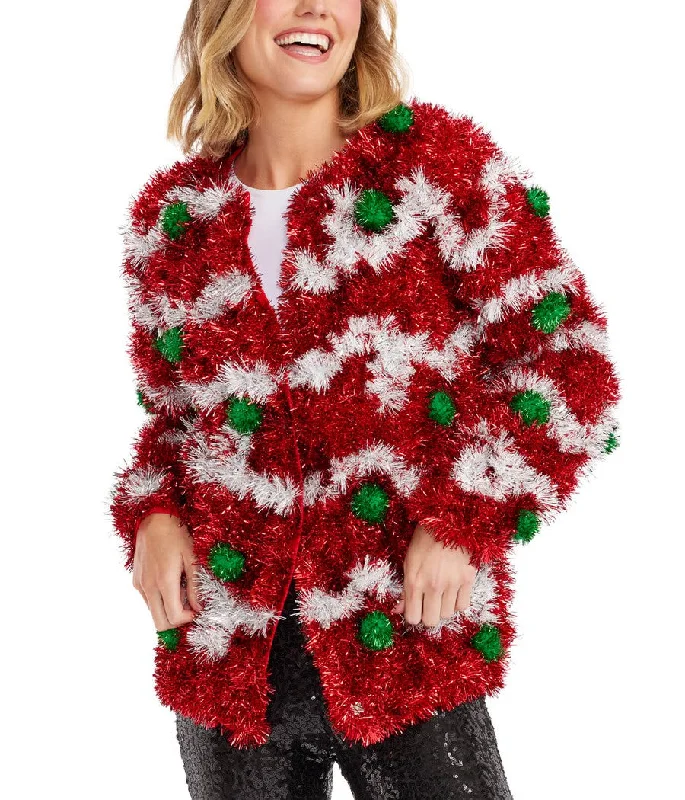 Women's Decked in Red Christmas Cardigan Sweater Mesh Blend Leather Blend Suede Blend