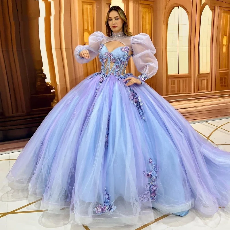 Luxury Light Blue and Lilac Quinceanera Dress With Jacket Beading Flower Formal Party Princess Vestidos De 15 Anos Lace Jacket Ribbed Jacket Sequined Jacket