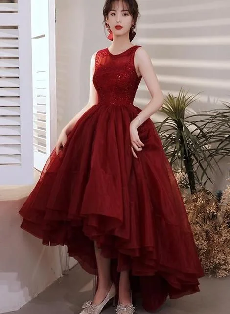 Wine Red Organza Lace High Low Chic Party Dresses Prom Dress     cg22981 Chiffon Maxi Beach