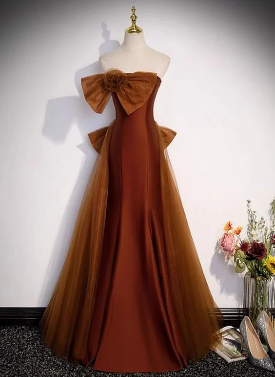 Brown Tulle and Satin Mermaid Long Party Dress, New Style Long Formal Dress Prom Dress      cg25058 Tunics Top Casual
