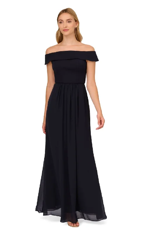 Adrianna Papell - Off The Shoulder Crepe Chiffon Gown With Soft Skirt In Midnight chiffon skirt delicate