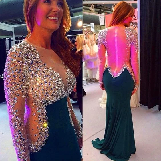 Luxury Beads Prom Dress,Sexy See Through Long Sleeve Prom Dresses Crystal Beaded Chiffon Evening Gowns High Split Women Formal Party Dresses   cg21626 Tunics Sophisticated sleek