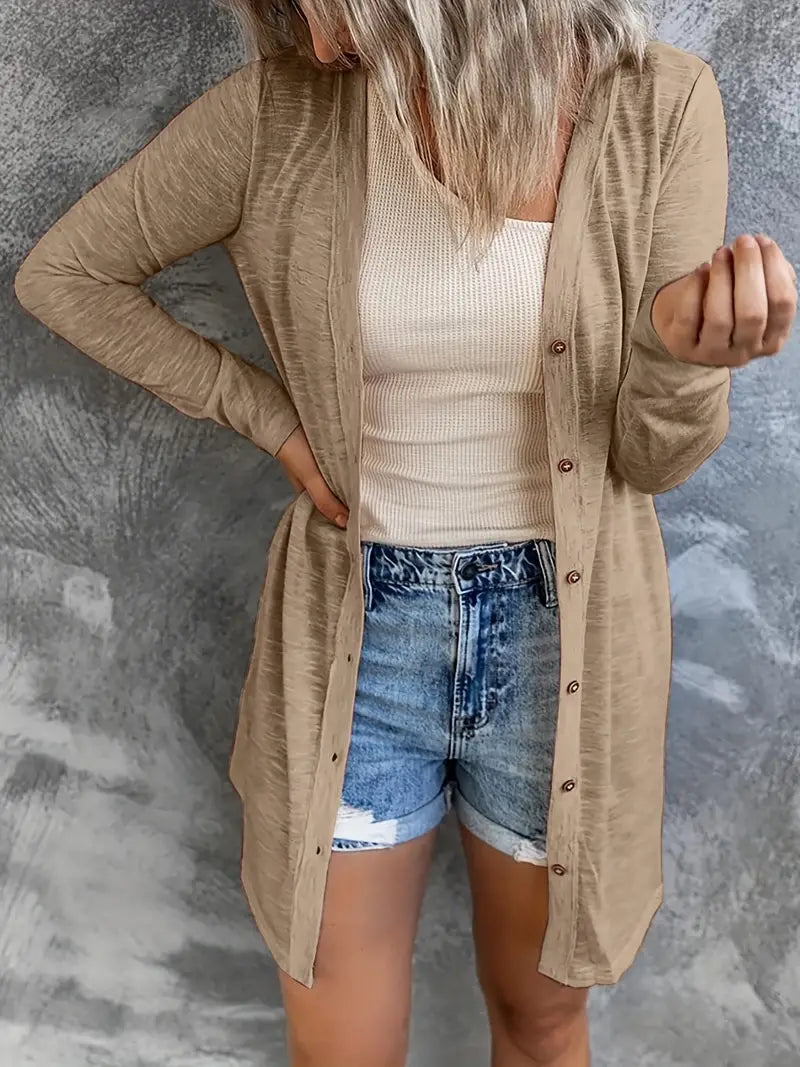 Walking Tall Khaki Button Front Cardigan Modern Contemporary chic