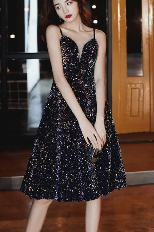 A-line black sequined short party dress with lace up back prom dress, evening dress    cg20812 Tunics Party sparkling