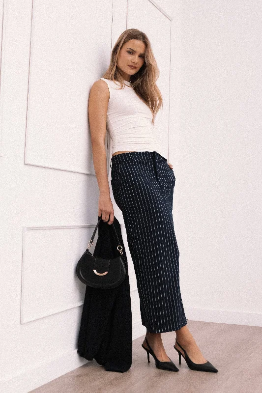 Ellory Midi Skirt - Navy Pinstripe ribbed skirt waist