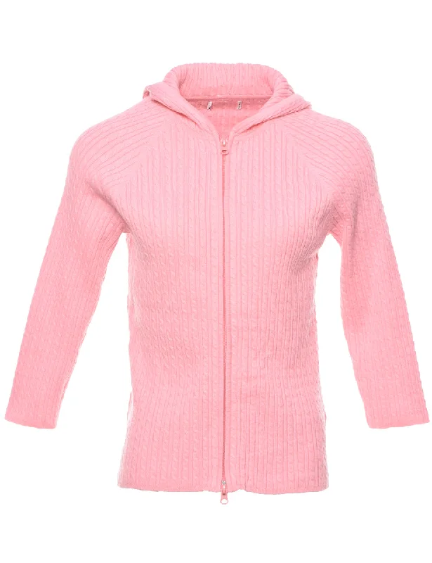 Cable Knit Hooded Cardigan - S Iron Safe Non-Iron Wrinkle Free