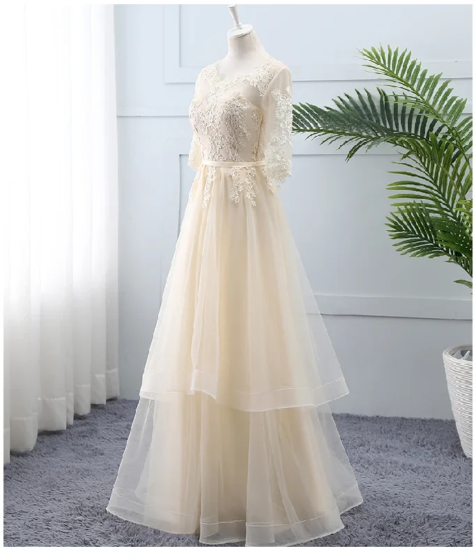 Light Champagne Tulle Lace Short Sleeves Wedding Party Dress, A-Line Long Formal Dress Prom Dress    cg21534 Tunics Practical easy-care