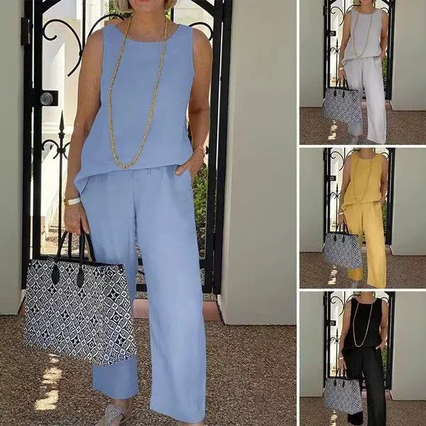 Summer plus size women's clothing women new cotton linen 2 set sleeveless top cropped wide leg pants two piece ladies sets Fashionable Button-Up Pants