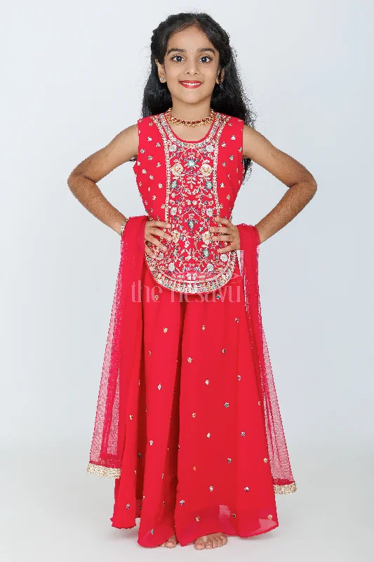 Maroon Sleeveless Girls Sharara Set with Gold Embroidery and Palazzo Pants for Festive Occasions Lightweight Linen Pants