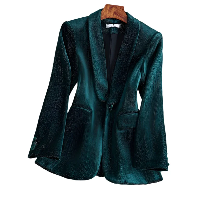 CAROLINE SUITS Women's Elegant Stylish Fashion Office Professional Solid Color Emerald Green Velvet Blazer Jacket Tiered Jacket Buttoned Jacket Zippered Jacket