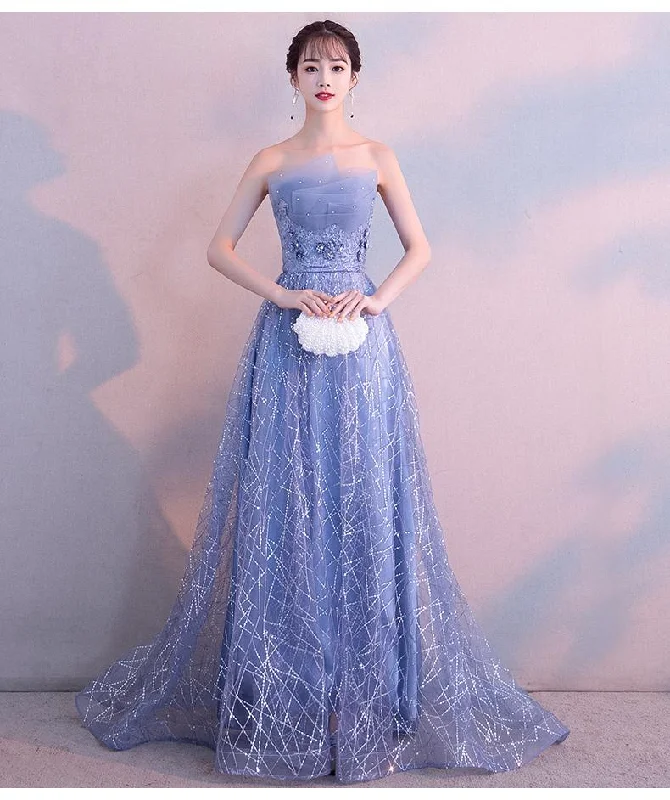 Beautiful Blue-Grey Tulle A-Line Long Evening Dress With Beadings, Long Party Dress prom dress    nv09 Tunics Formal black