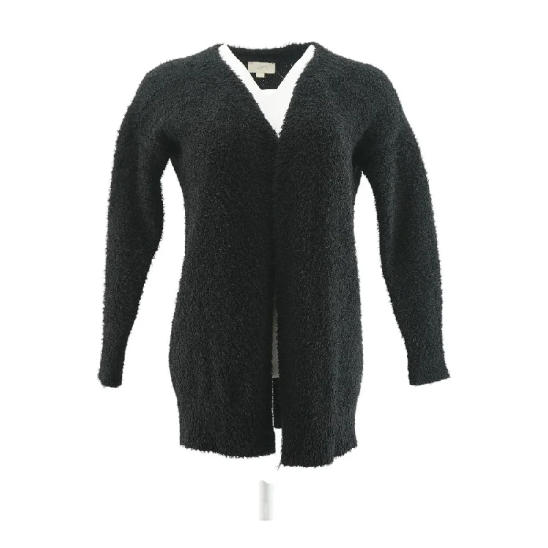 Black Solid Cardigan Sweater Faux Fur Fabric Real Fur Fabric Shearling Fabric