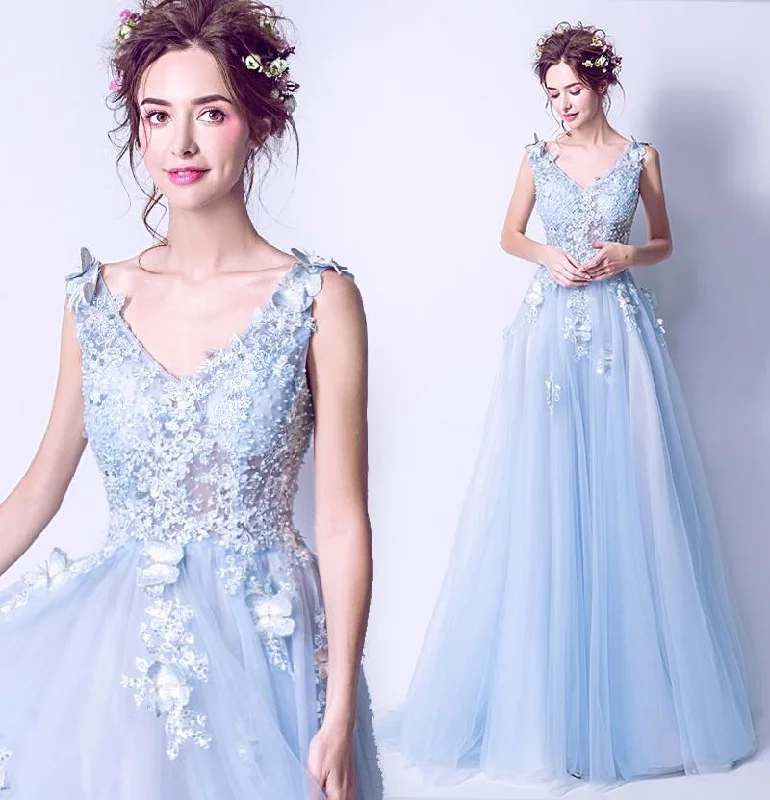 Light Blue Tulle Beaded Flowers V-Neckline Prom Dress, Long Blue Party Dress Evening Dress   cg21916 Tunics Spring floral