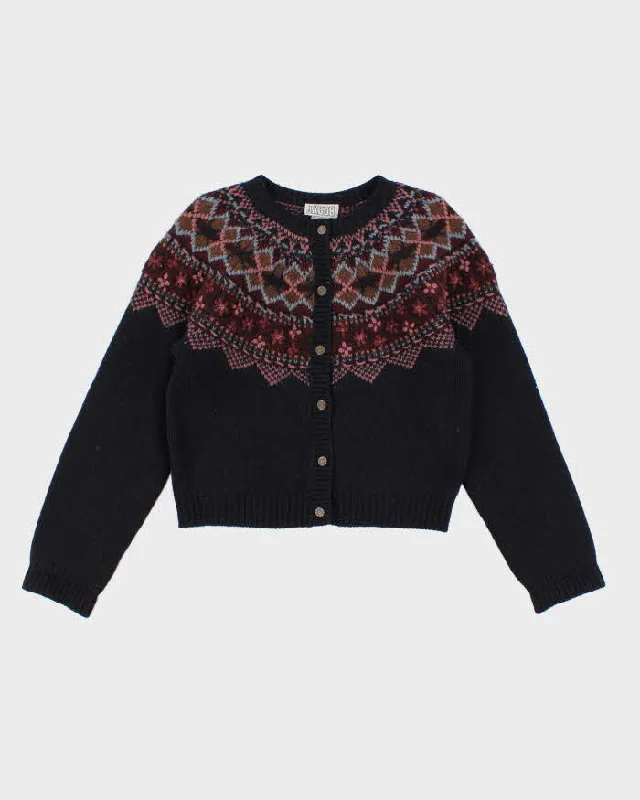 Vintage 90s Jacob Fair Isle Wool Cardigan - S Patchwork Embroidered Appliqued