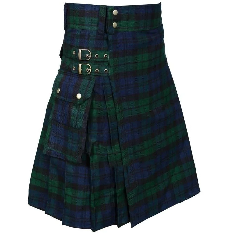 Men's Plaid Contrast Color Pocket Pleated Skirt button skirt front