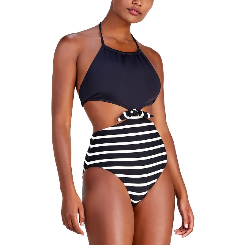 Womens Cut-Out Halter One-Piece Swimsuit Tropical Print Bikini