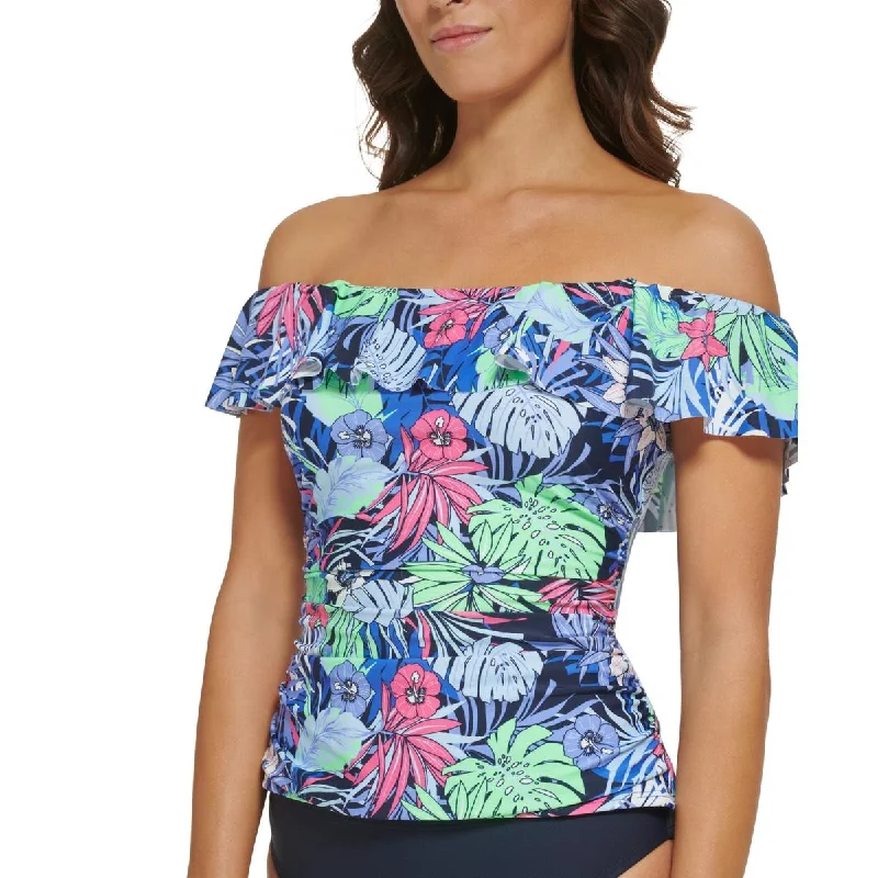Womens Printed Off-The-Shoulder Tankini Swim Top Plus-Size Bikini Set