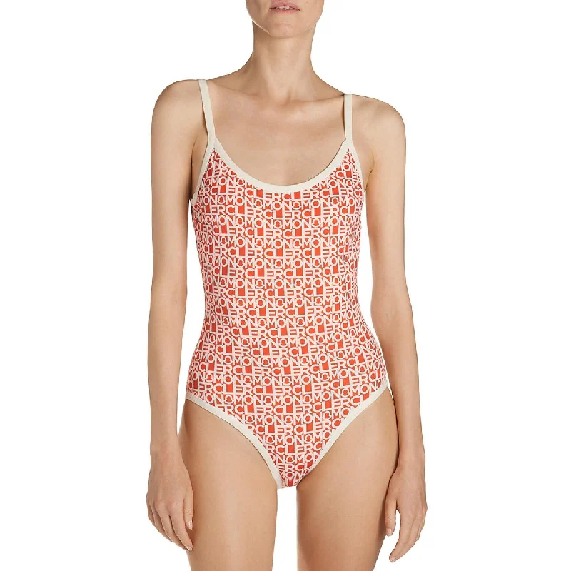 Womens Logo Open Back One-Piece Swimsuit Solid Color Swimsuit