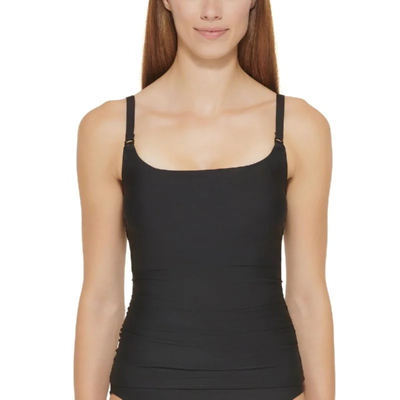 Womens Logo Ruched Tankini Swim Top Push-Up Swimsuit Top