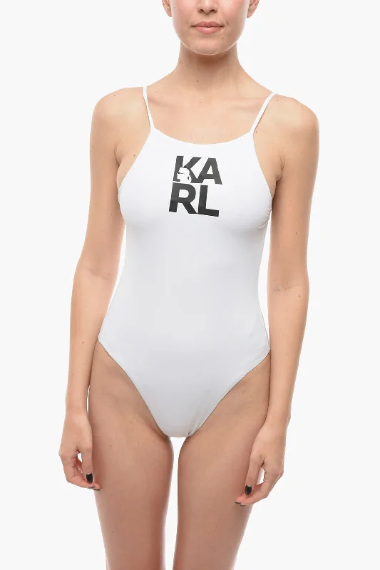 Karl Lagerfeld Solid Color One-Piece Swimsuit with Printed Logo Xs Standard size Playful Pattern Swimsuit